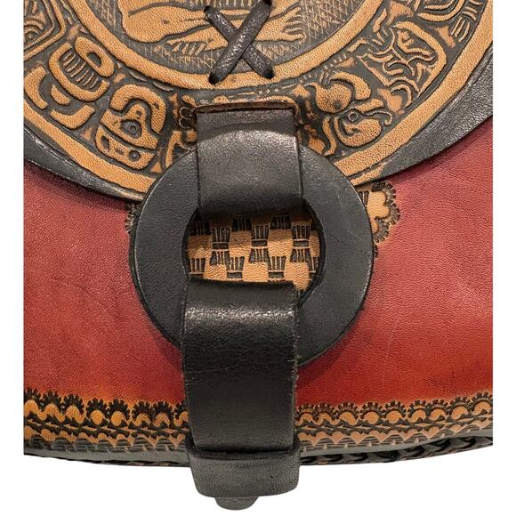 Vintage Leather Crossbody Bag Handmade in Mexico - Red Beige Black - Mint Cond! - Picture 7 of 11